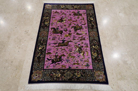 Handmade 3.3x4.11 Hereke Animal Hunting High Quality 100% Silk Afghan Hand Knotted Rug, Rug for Livingroom, bedroom rug, 3x5 silk rug