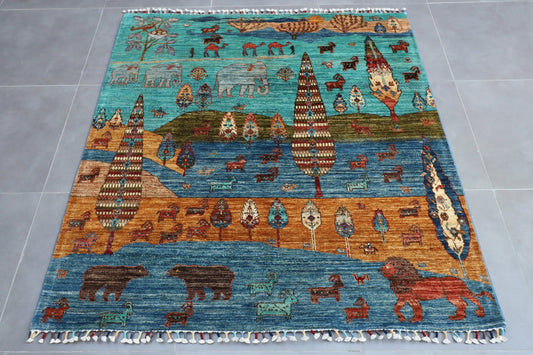 Landscape 5'2x5'6 Area Rug Wool Natural Colors, Hand Knotted Animal Rug, Rug For Living Room , Afghan Rug, Office Rug, animal lion rug