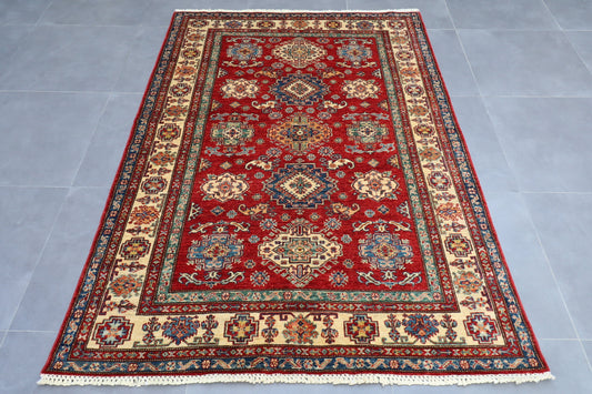 5x7 ft. Kazak Red Area Rug, 4'11x6'10 ft / 148x208 cm Hand knotted Rug, Rug For Living Room, Oriental Rug, Home Decor, Afghan Rugs Store