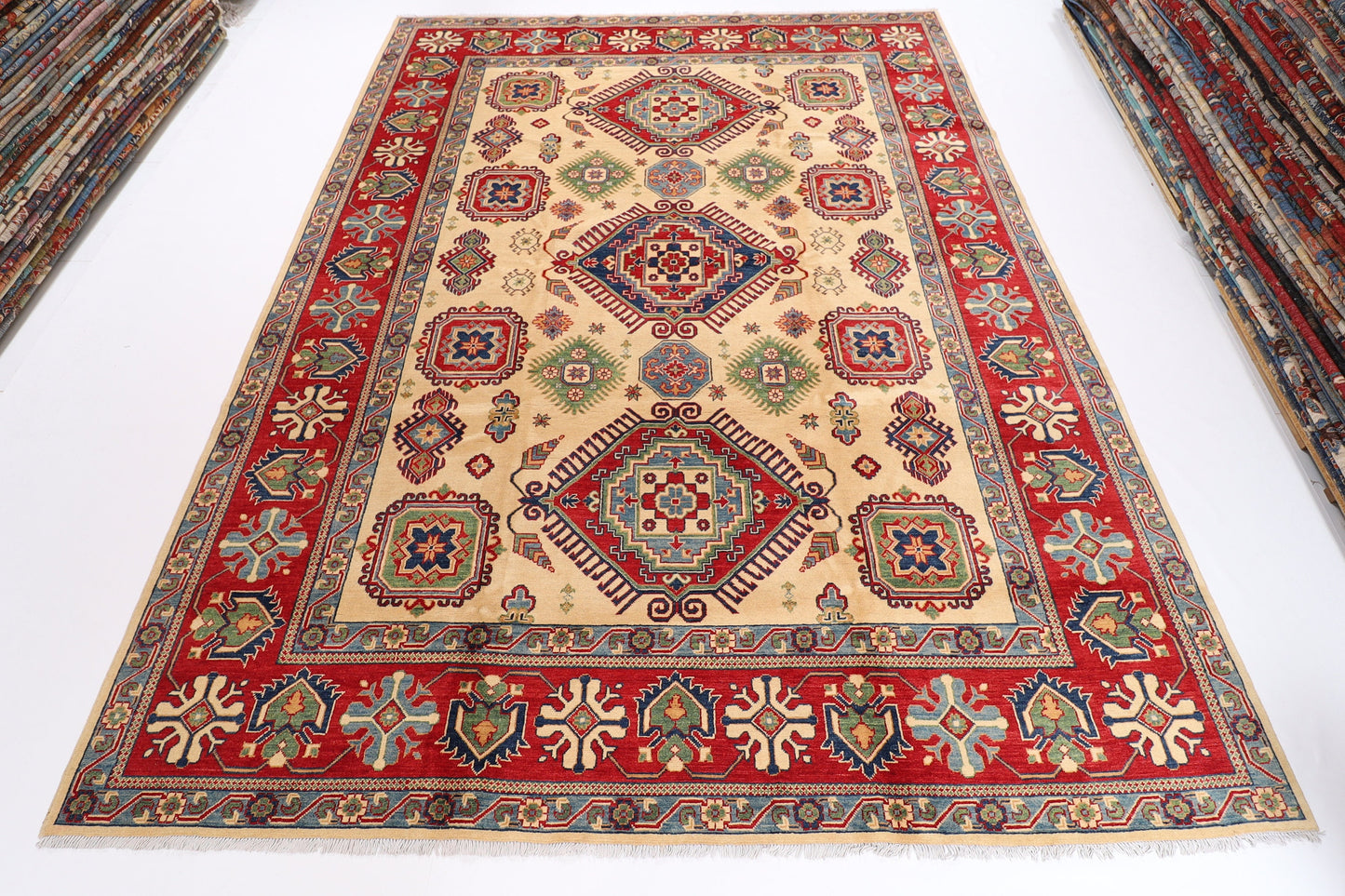 Kazak 9x12 Beige Area Rug, Afghan Hand Knotted Rug, Rug For Living Room, Out Door & Patio Rug ,  Turkish Rug , Dining table rug turkmen rug