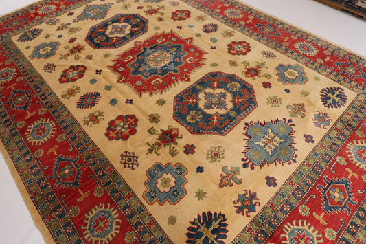 Kazak 9x12 Beige Area Rug, Afghan Hand Knotted Rug, Rug For Living Room, Out Door & Patio Rug ,  Turkish Rug , Dining table rug , Kazak rug,