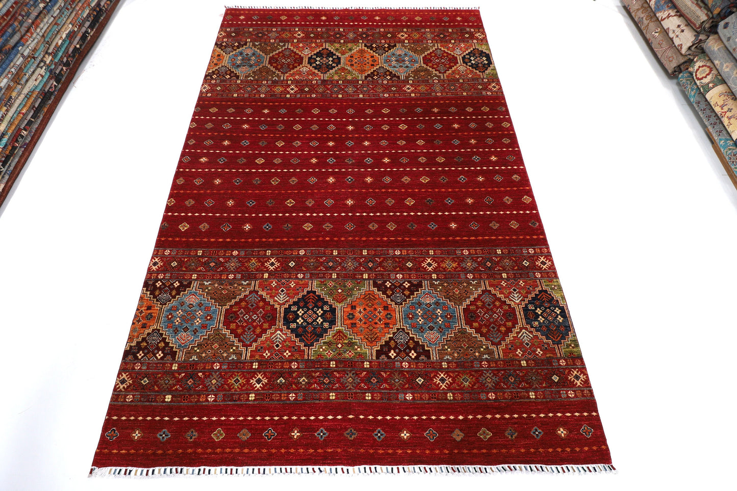 7x10'5 ft. Red Tribal Area Rug, Hand Knotted 100% Wool Dye Rug, Bedroom Rug, Rug for Living Room, Striped rug, Dining Table Rug, Office Rug