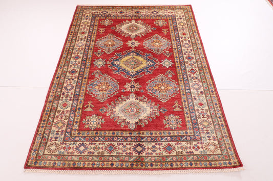 5x7 Red Kazak Area Rug, 4'10x6'3 Hand Knotted Rug, Rug For Living Room, Bedroom Rug, Turkmen Rug, Kitchen Rug, Kids room rug, Tribal rug,