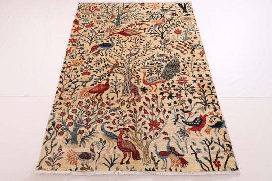 Peacock Birds 5x6'9 Beige Area Rug, Afghan Hand Knotted Rug, Rug For Living Room, Oriental Traditional Rug , Afghan Animal Rug, Bird Rugs