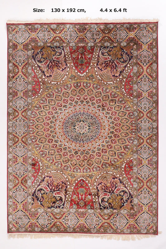 Hereke 4'4x6'4 ft. 100 % Silk Rug, Fine Silk Oriental Rug, Rug for Livingroom, Medallion Rug, Bedroom Rug, Dining Table Rug, Kids Room Rug