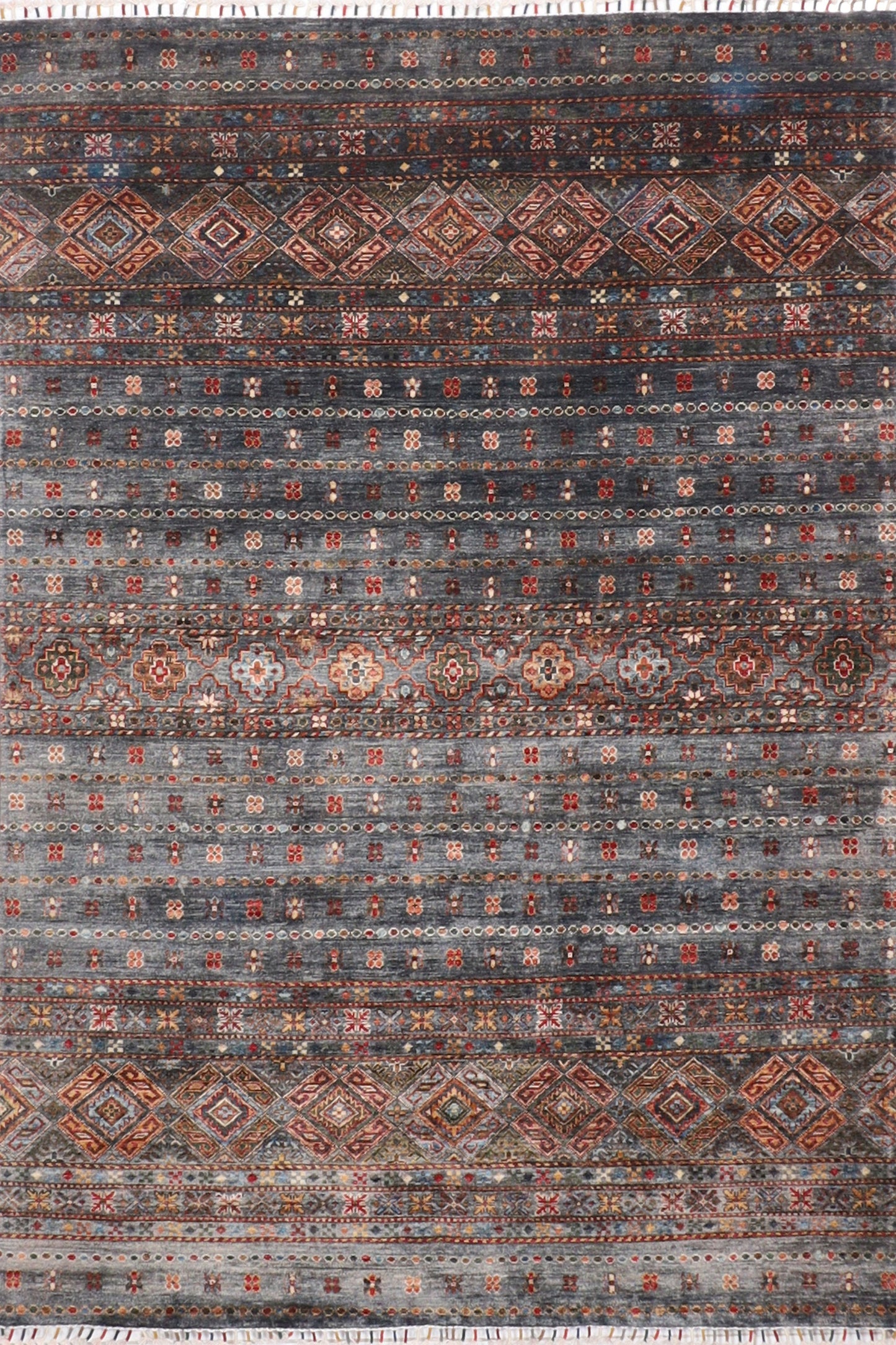 6x8 ft. Dirk Grey Striped Tribal Rug, 5'11x8'2 Hand Knotted Wool Dye Rug, Bedroom Rug, Rug for Living Room, Tribal rug, Dining Table Rug