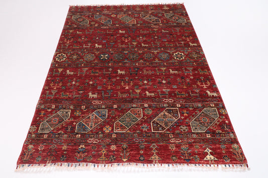 5x7 ft. Tribal Red Area Rug, 5x6'11 Hand Knotted 100% Wool Dye Rug, Bedroom Rug, Rug for Living Room, Tribal rug, Dining Table Rug