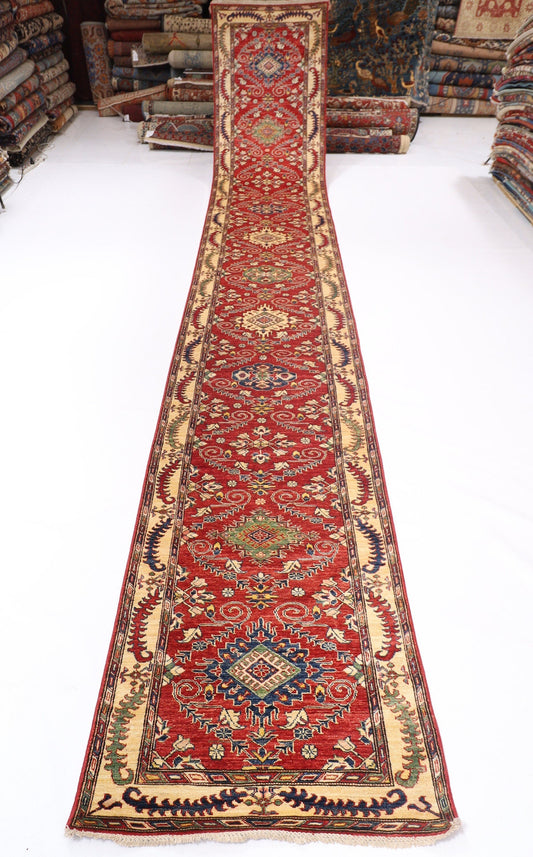 19 ft. Large Runner Rug | 3'2x19'2 Afghan Hand Knotted Rug | Bedroom Rug | Living Room Rug | Over Size Runner rug | Kazak Rug | Hallway Rug