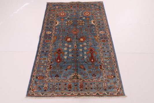 4x6 Sultani Blue Area Rug, 100% Wool Natural Colors, Hand Knotted Afghan Traditional Rug, Rug for Living Room, kids room rug,bedroom rug,