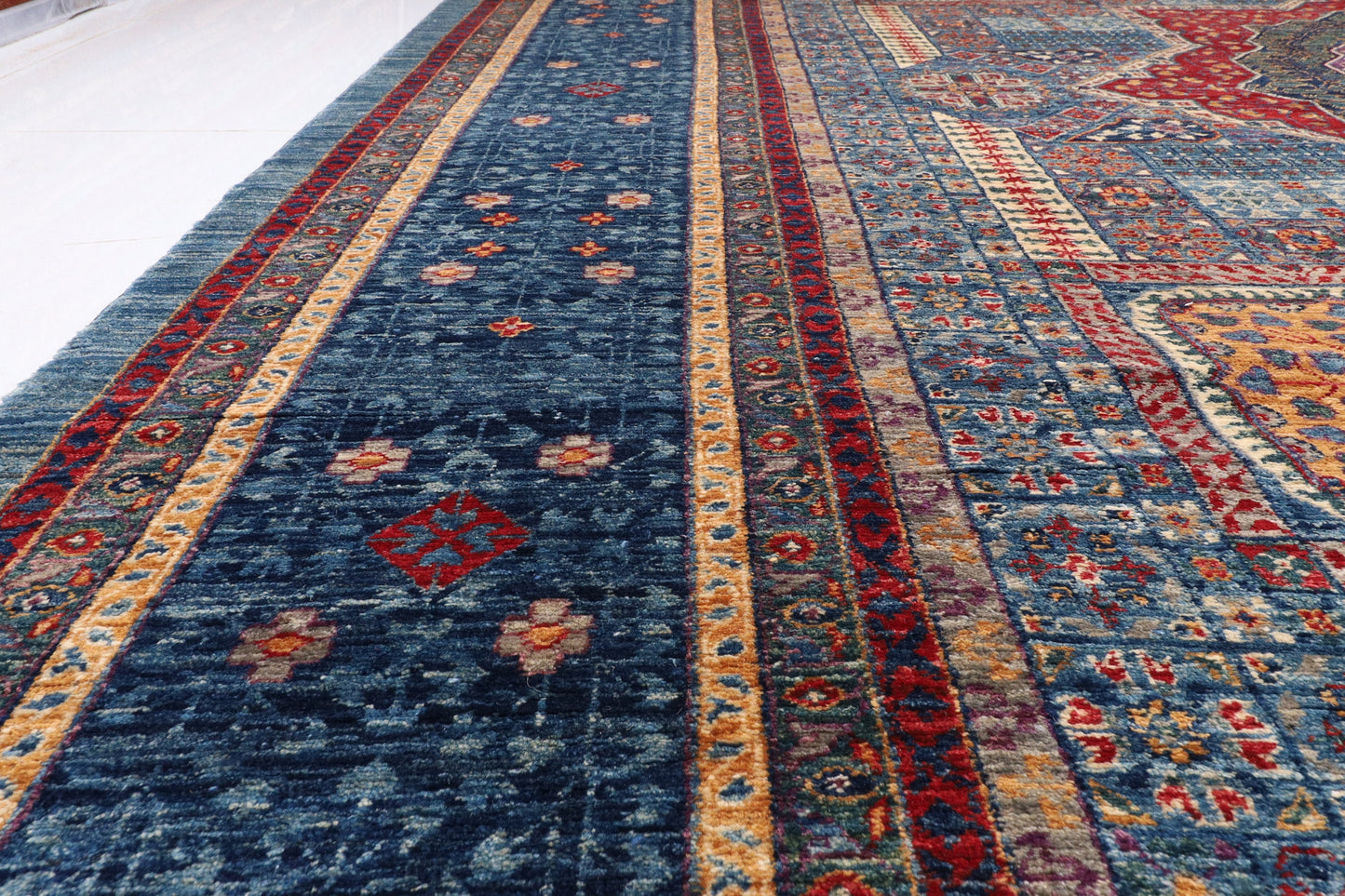 Mamluk 10.2x13'6 ft Quality Blue Area Rug, Afghan Hand Knotted Rug, Rug for Living Room, Bedroom Rug, Dining Table Rug, Modern rug.