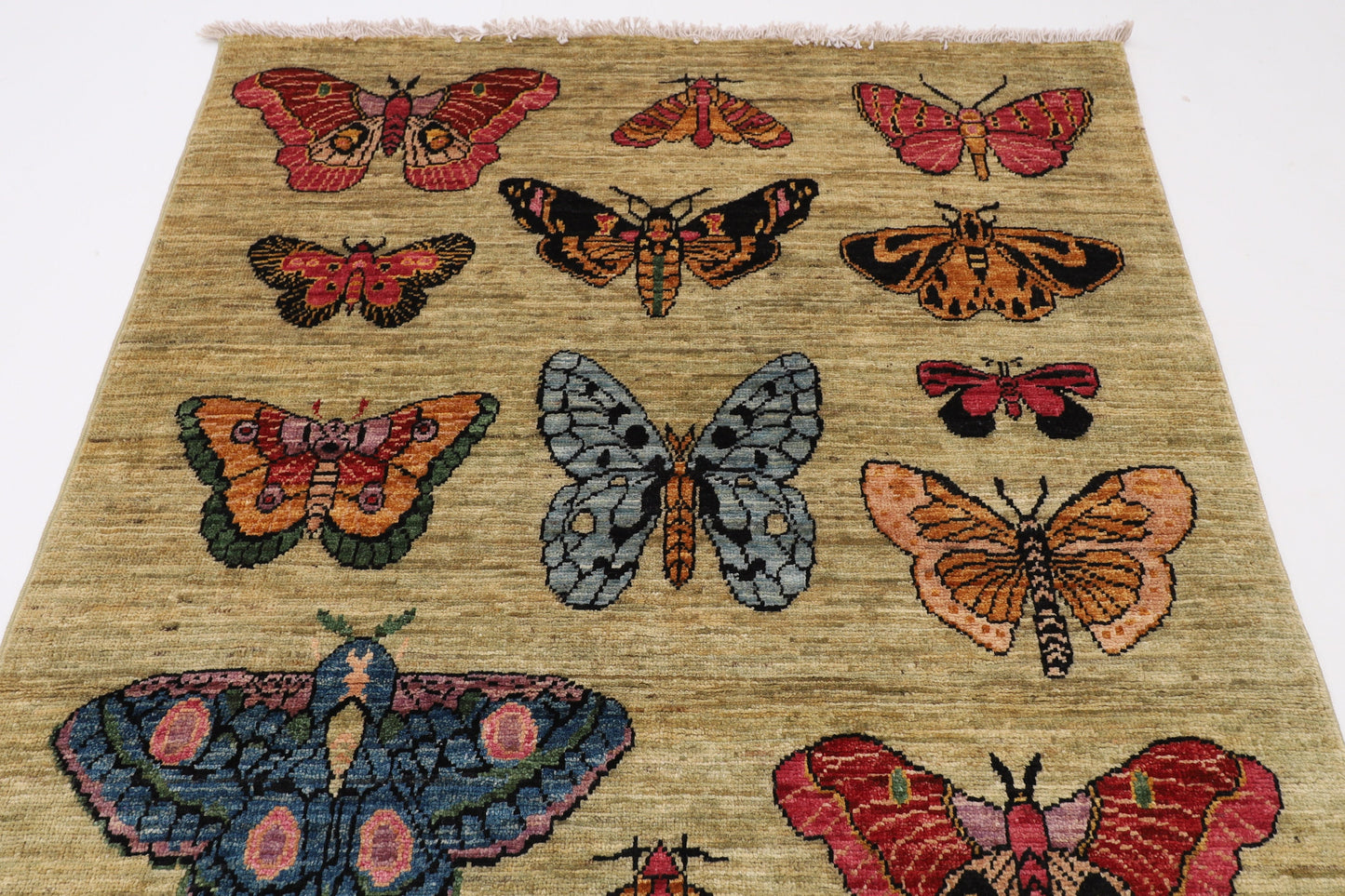 7 FT Runner Butterflies Pastel Green Rug Wool Natural Colors, 3'4x6'11 Afghan Rug, Rug for Livingroom, Entryway Rug, Hallway Runner rug