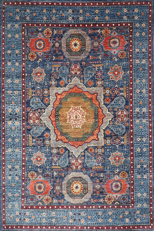 6x8 Blue Mamluk Oriental Rug, 5'8x8 ft Hand knotted Rug, Rug For Living Room, Kids room Rug, Home Decor, Afghan Tribal Rug, Kitchen rug,