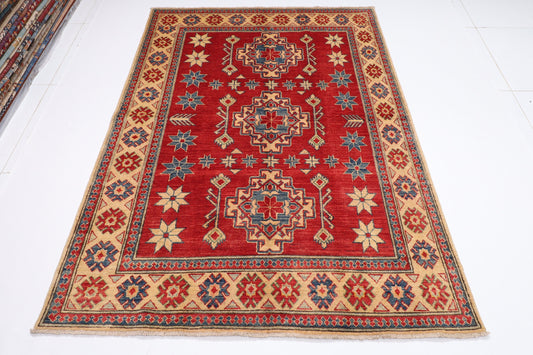 5x7 Kazak Tribal Red Area Rug, 4'9x6'10 Afghan Hand Knotted Rug, Rug For Living Room, Bedroom Rug, Turkmen Rug, Kitchen Rug, Home decor