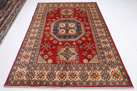 6x8 Red Kazak Area Rug, 5'10x8'2 Hand Knotted Rug, Rug For Living Room, Bedroom Rug, Turkmen Rug, Kitchen Rug, Kids room rug, Tribal rug,