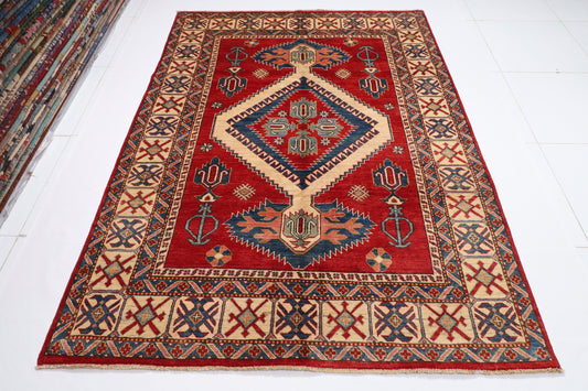 6x8 Red Kazak Area Rug, Tribal Hand Knotted Rug, Rug For Living Room, Bedroom Rug, Turkmen Rug, Kitchen Rug, Kids room rug, Wool rug,