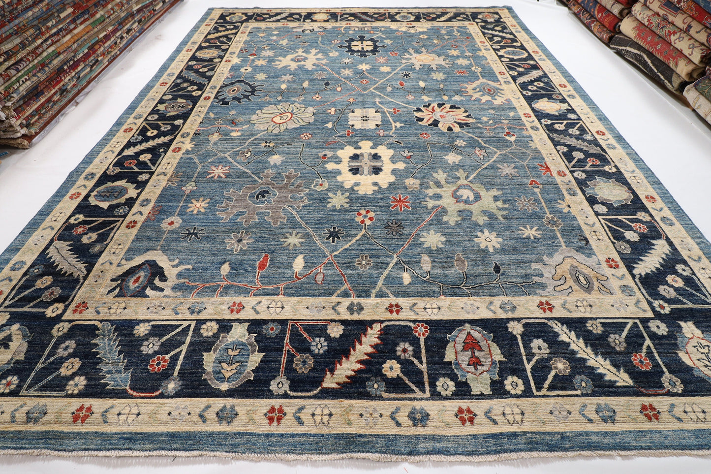 Blue 10x14 ft. Turkish Oushak Area Rug Wool Natural Colors, 10'4x14 Hand Knotted Rug, Rug for Living Room, Dining Table Rug, Rug for Bedroom