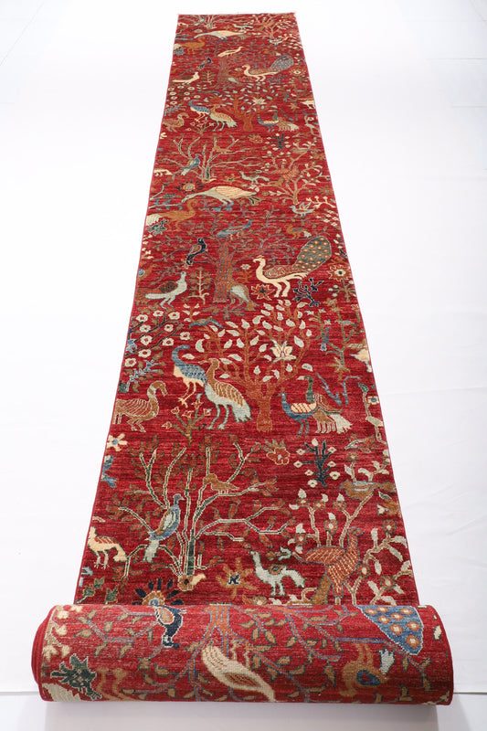 23 ft. Birds Over Size Runner Rug, 2'8x22'9 Red Hand Knotted Rug, Rug for Living Room, Hallway Runner Rug, Afghan Rug, Entryway Rug