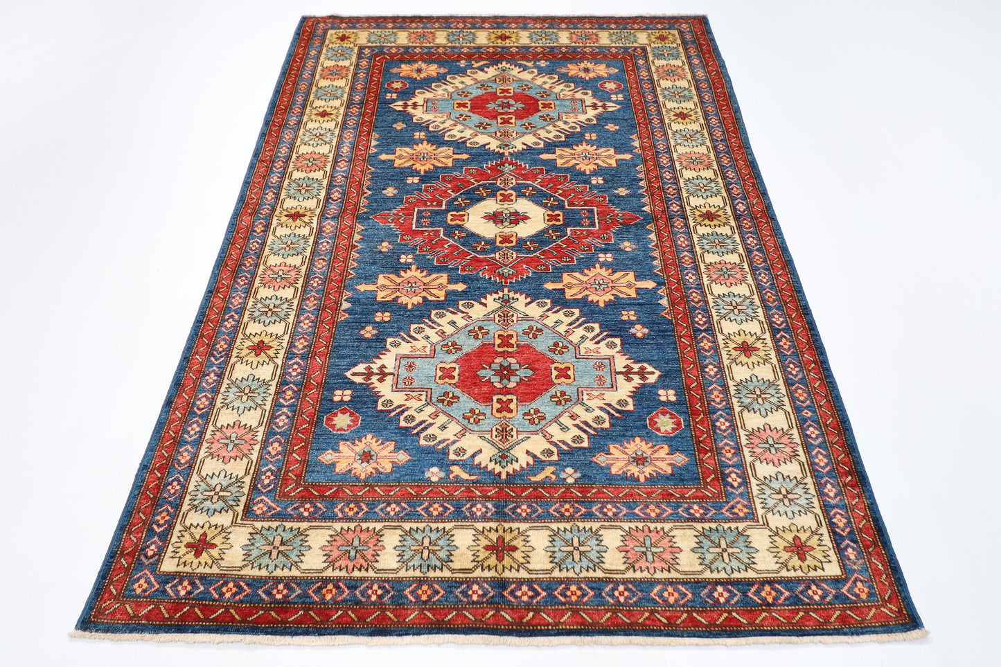 5x7 Kazak Blue Area Rug, 4'10x7'2 ft Wool Natural Colors | Hand Knotted Afghan Traditional Rug For Living Room | Bedroom Rug | Office Rug |