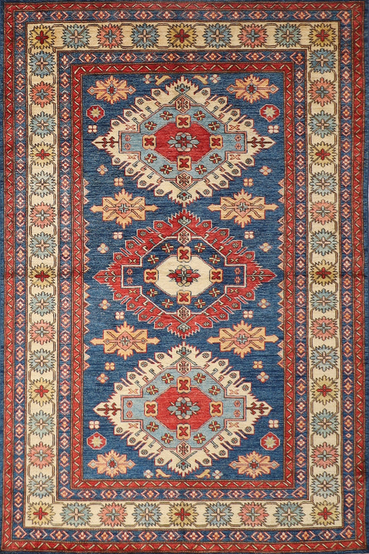 5x7 Kazak Blue Area Rug, 4'10x7'2 ft Wool Natural Colors | Hand Knotted Afghan Traditional Rug For Living Room | Bedroom Rug | Office Rug |