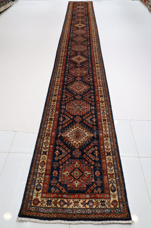 19 ft Kazak Blue Long Hallway Runner Hand knotted Rug, 2'8x19'2 Afghan Rug, Entryway Rug, Rug For Living Room, Oriental Rug, Tribal Rug,