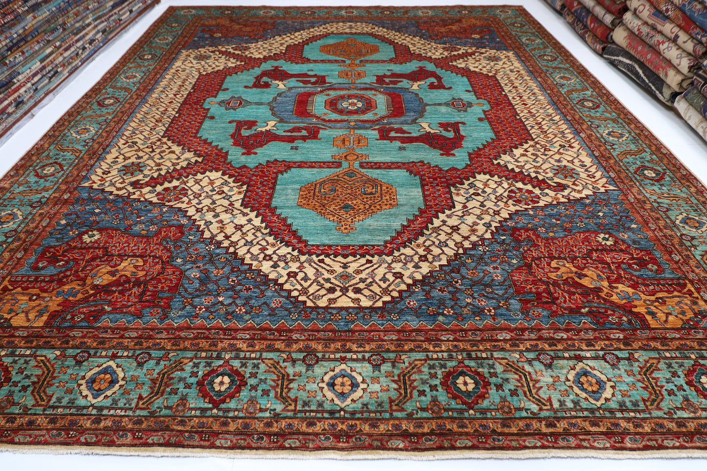 Aryana 12x15 ft Turquoise Serapi Area Rug, 100% wool Rug, living Room Rug, Hand Knotted Rug, Afghan Rug, Heriz Rug, Large Size Rug,