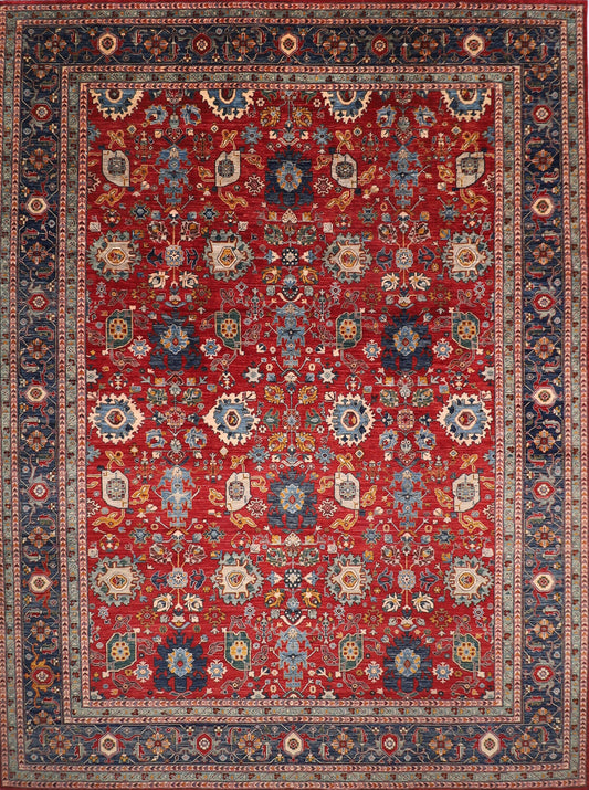 12x15 ft Tribal Red Blue Area Rug, 12'2x14'11 ft 100% Wool Hand knotted Rug, Rug For Living Room, Oriental Rug, Home Decor, Dining Table Rug