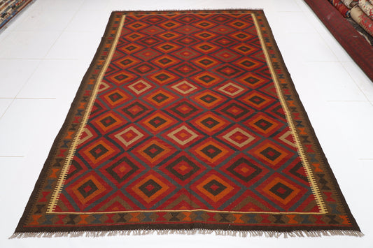 7x10 Tribal Red Area Kilim | 6'5x9'7 ft Hand Knotted Fine Nomad Traditional Living Room | Bedroom Flat Weaved | Afghan Kilim | Office Rug