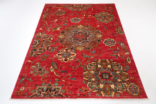 5x7 ft Flower Red Area Rug, 5x6'7 ft, Afghan Hand Knotted Rug, Rug for Living Room, 150x200 Rug, Afghan Rug, Dining Table Rug, Kitchen Rug