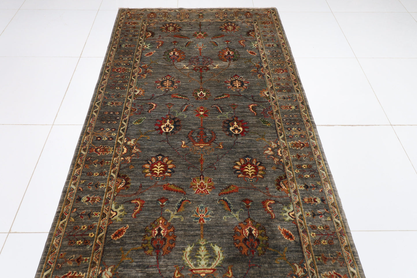 4x17 ft Sultani Over size Grey Runner Hand knotted Rug, Rug For Living Room, Oriental Rug, Office Rug, Home Entry Rug,