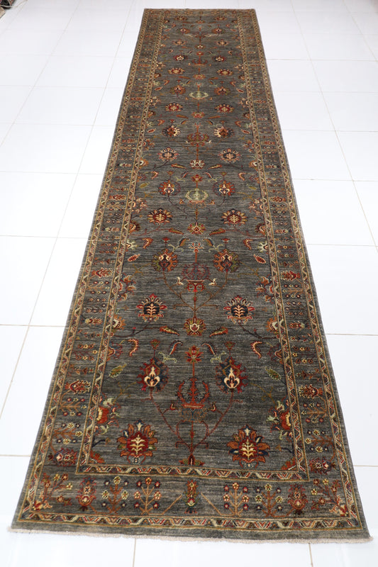 4x17 ft Sultani Over size Grey Runner Hand knotted Rug, Rug For Living Room, Oriental Rug, Office Rug, Home Entry Rug,