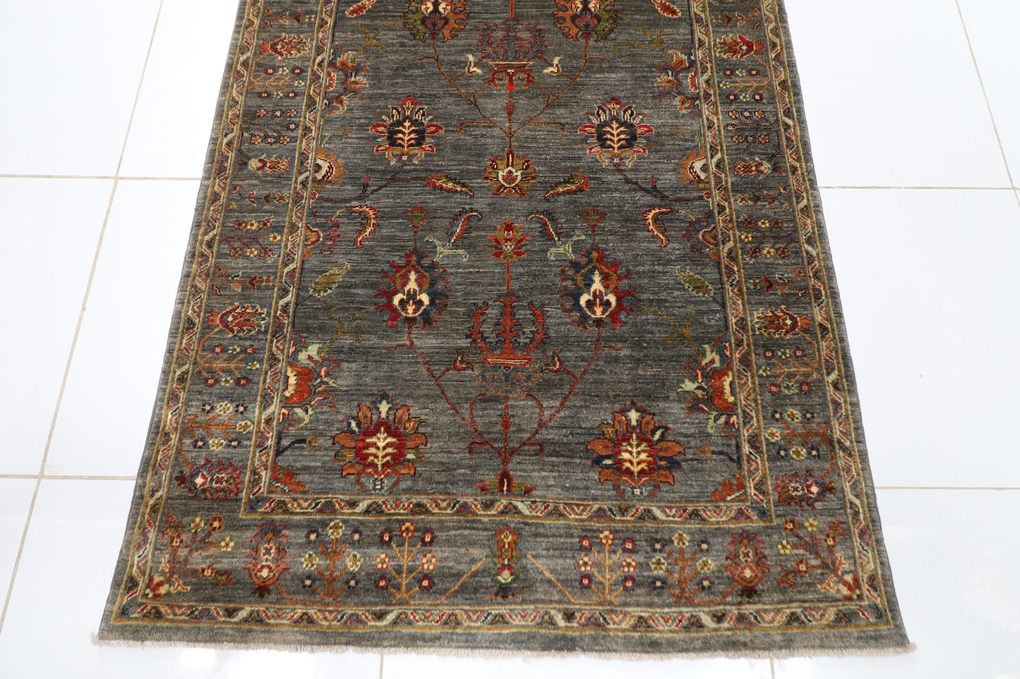 4x17 ft Sultani Over size Grey Runner Hand knotted Rug, Rug For Living Room, Oriental Rug, Office Rug, Home Entry Rug,