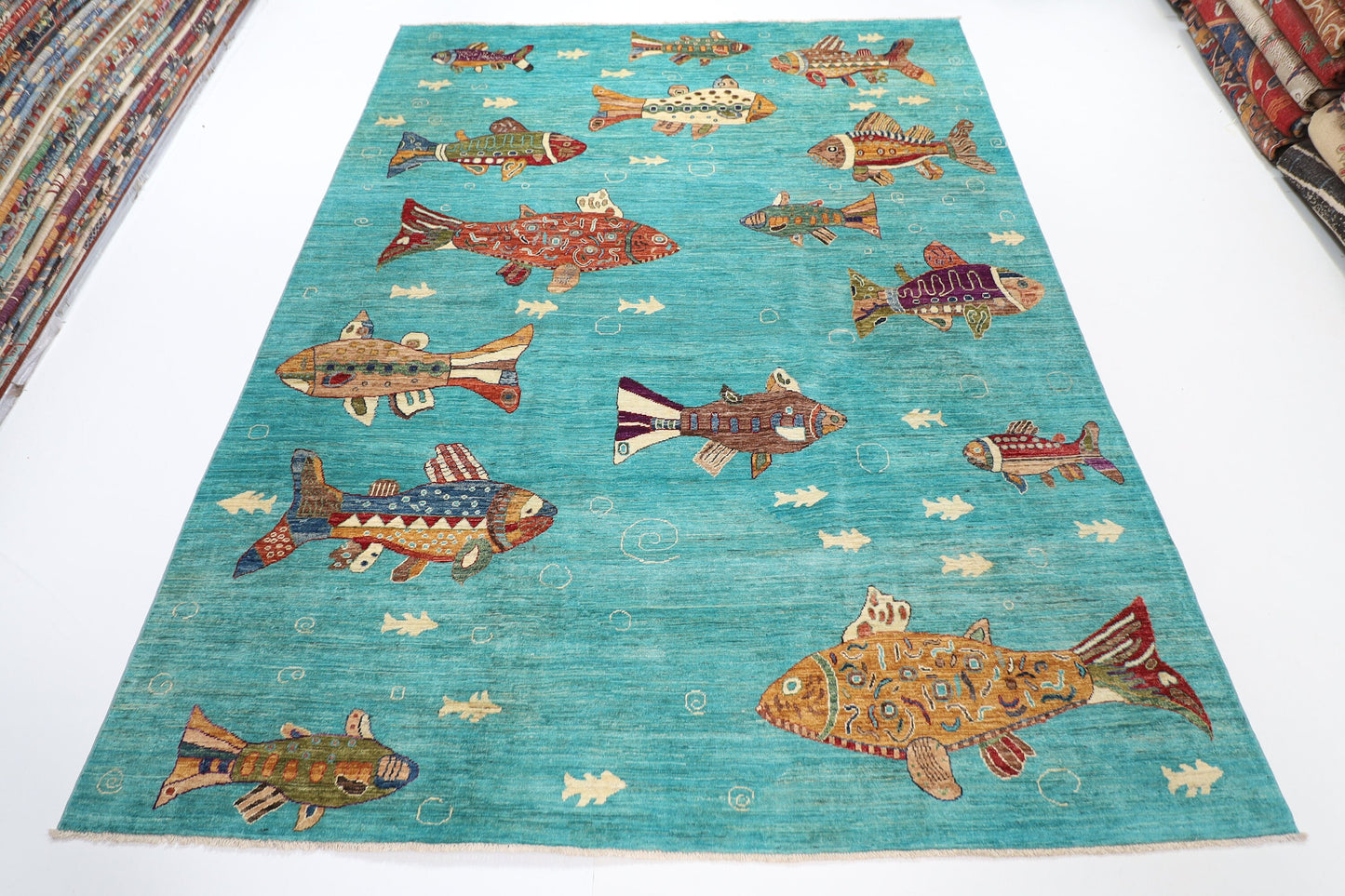 Turquoise 8x11 ft Fish Art Area Rug, 8'2x10'10 ft  Hand knotted Rug, Rug For Living Room, Oriental Rug, Home Decor, Afghan Rug, Tribal Rug,