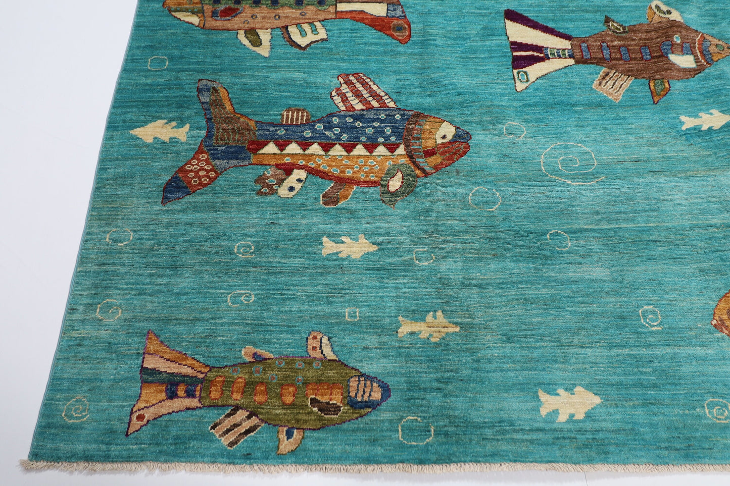 Turquoise 8x11 ft Fish Art Area Rug, 8'2x10'10 ft  Hand knotted Rug, Rug For Living Room, Oriental Rug, Home Decor, Afghan Rug, Tribal Rug,