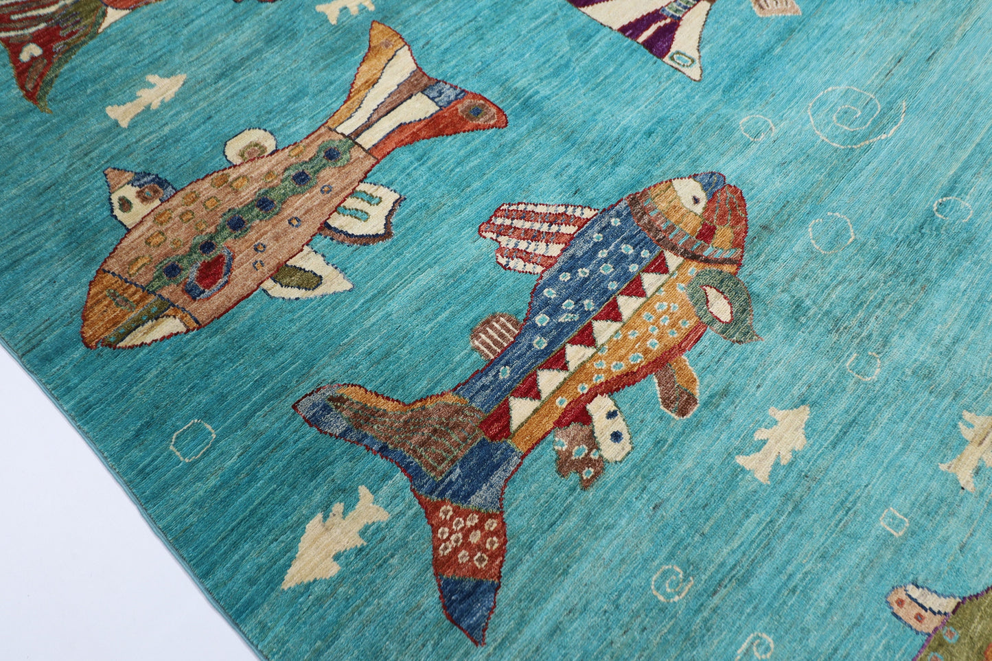 Turquoise 8x11 ft Fish Art Area Rug, 8'2x10'10 ft  Hand knotted Rug, Rug For Living Room, Oriental Rug, Home Decor, Afghan Rug, Tribal Rug,