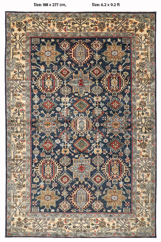 6x9 Blue Aryana Area Rug, 6'2x9'2 ft Hand knotted Rug, Rug For Living Room, Oriental Rug, Home Decor, Kids room Rug, Tribal Rug, Kitchen Rug