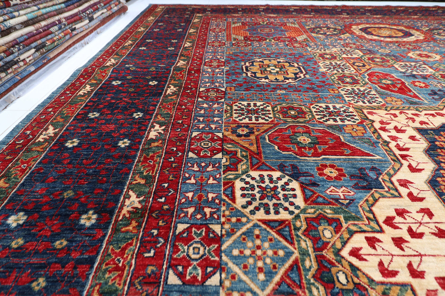 Handmade 12x18 Mamluk Blue Area Rug, 12'4x17'10ft 100% wool Rug, living room Rug, Tribal Rug, Dining Table Rug, Large Size Rug, Bedroom Rug,