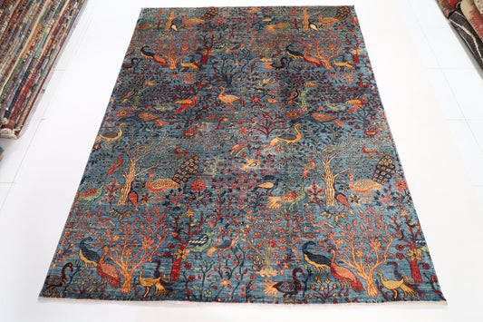 Birds 8x9'10 ft. Blue Area Hand knotted Rug, 7'11x9'10 Bedroom Rug, Rug for Living Room, Oriental Rug, Office Rug, Home Decor, Afghan Rug